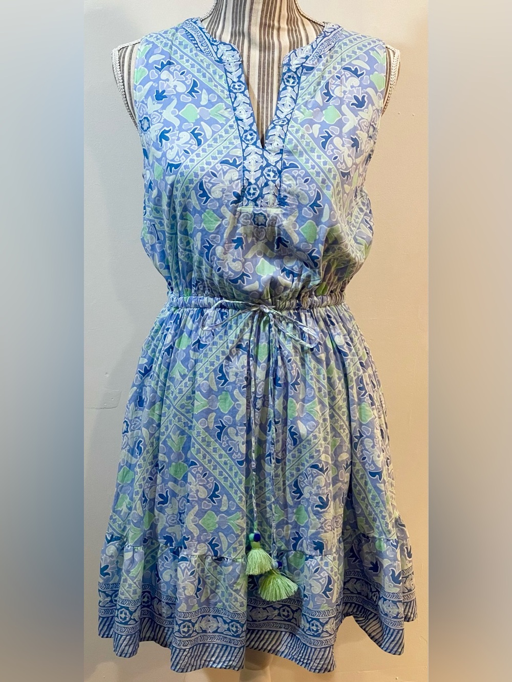 Vineyard Vines Blue & Mint Green Sleeveless Tie-Waist Mini Dress
